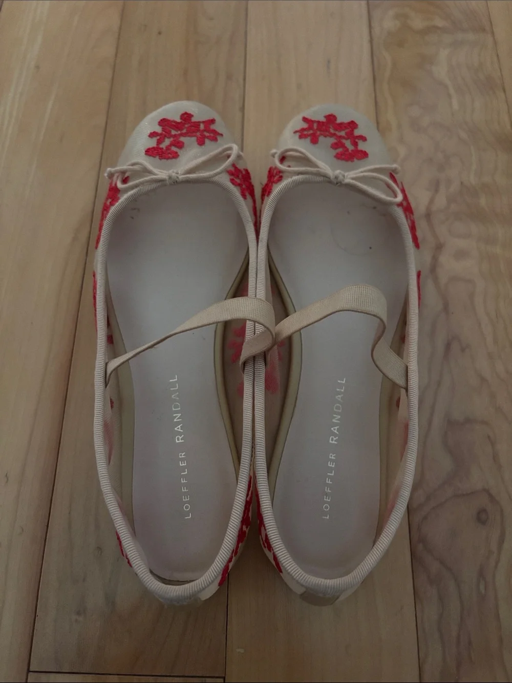 Loeffler Randall Beige Slingback Flats with Red Embroidered Motifs